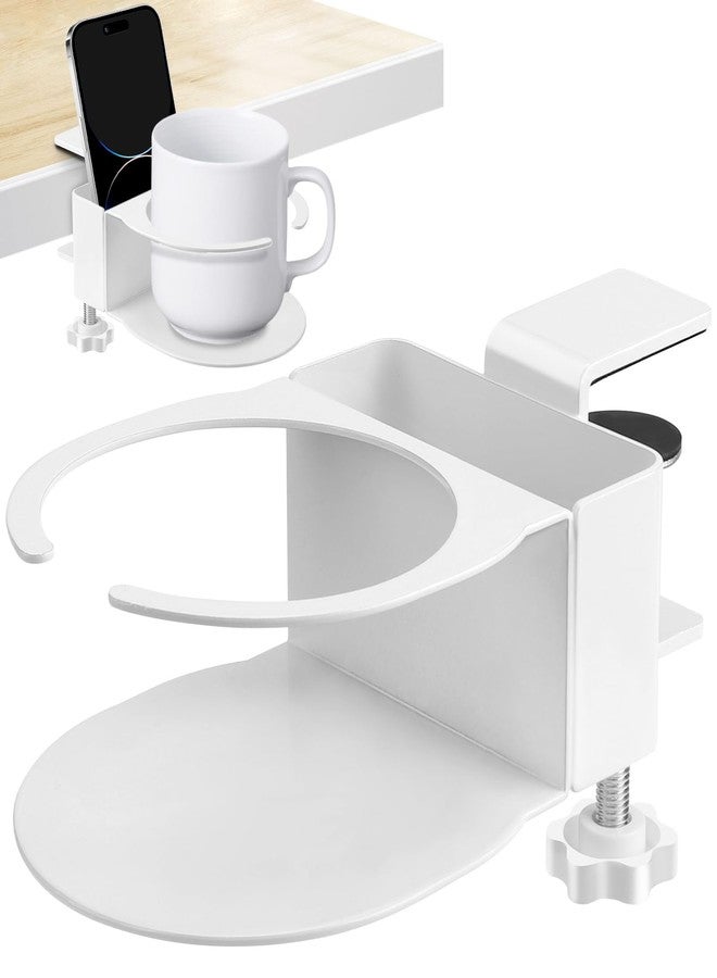 Yonsya Desk Cup Holder for Coffee Mugs, Tumblers, Water Bottles with Mobile Phone Stand, Anti-Spill Metal School Home Office Accessories (White-1) - Image 1